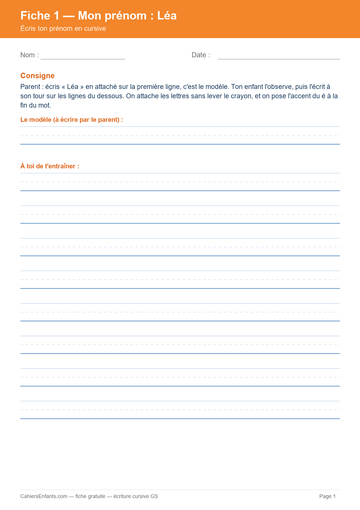 Fiche d'écriture du prénom en cursive GS à imprimer