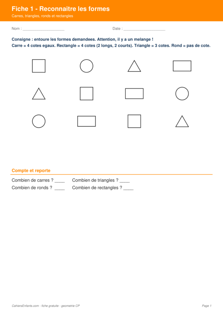 Aperçu fiche 1 - reconnaître les formes géométriques CP