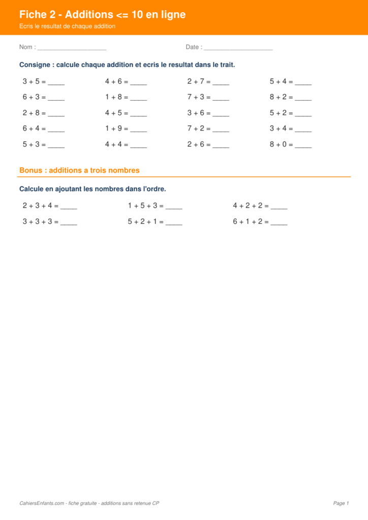 Aperçu fiche 2 - additions en ligne CP