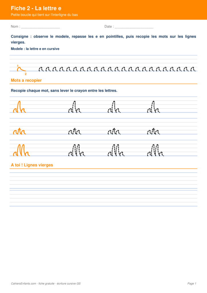 Aperçu fiche 2 - lettre e cursive GS