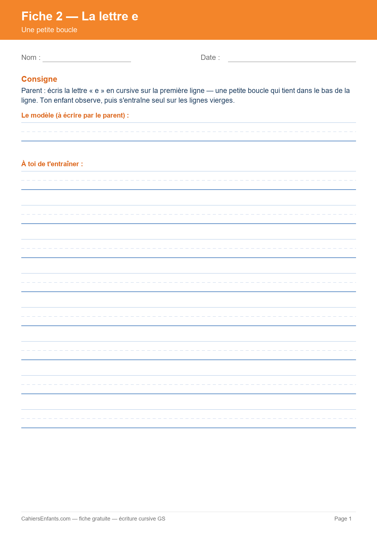 Aperçu fiche 2 - lettre e cursive GS