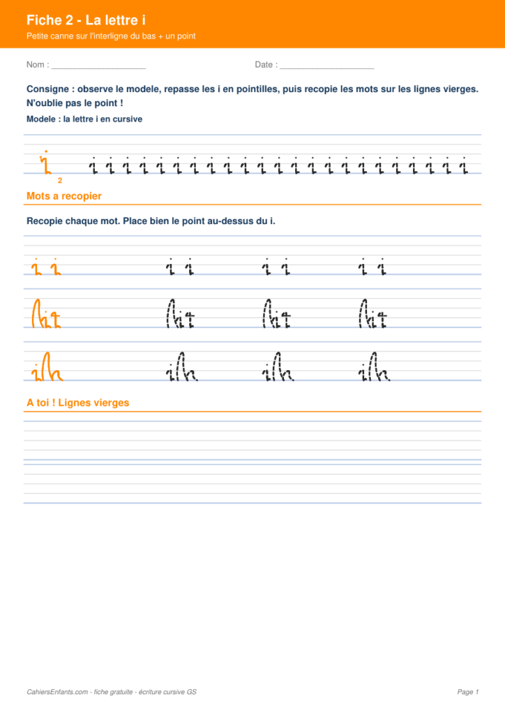 Aperçu fiche 2 - lettre i cursive GS