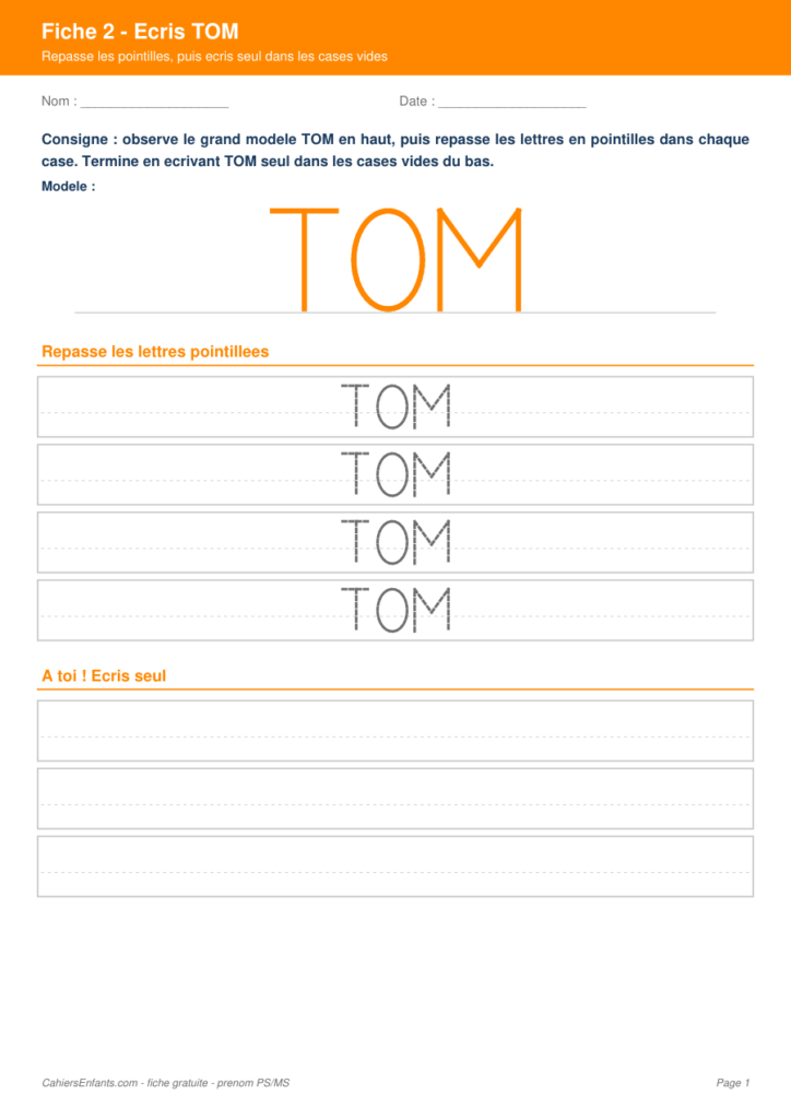 Aperçu fiche 2 - écrire le prénom TOM en capitales PS MS