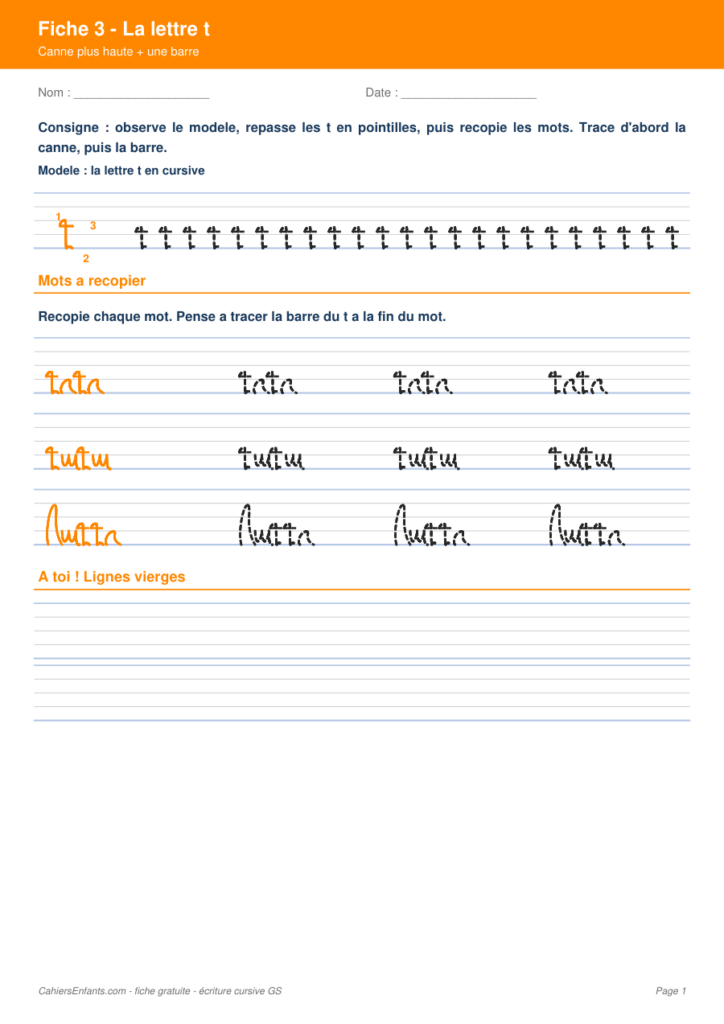 Aperçu fiche 3 - lettre t cursive GS