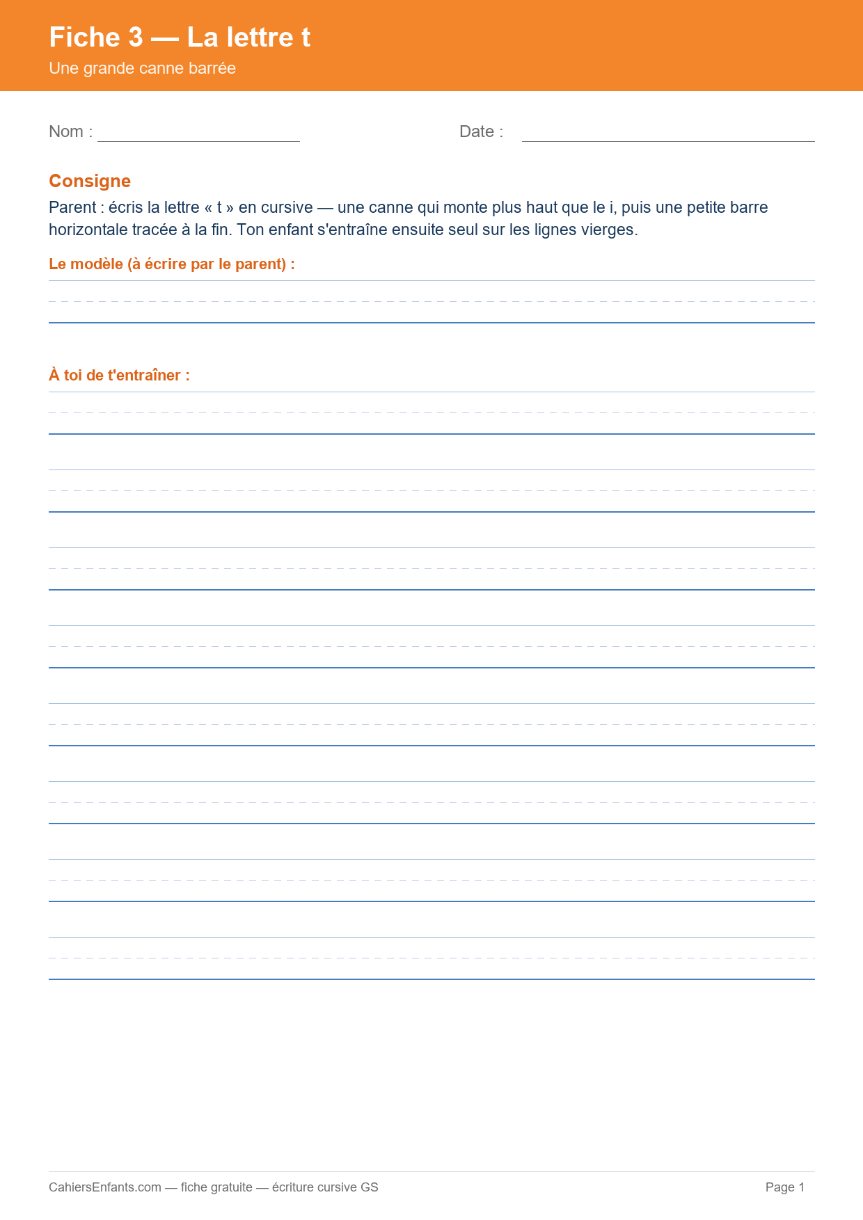 Aperçu fiche 3 - lettre t cursive GS