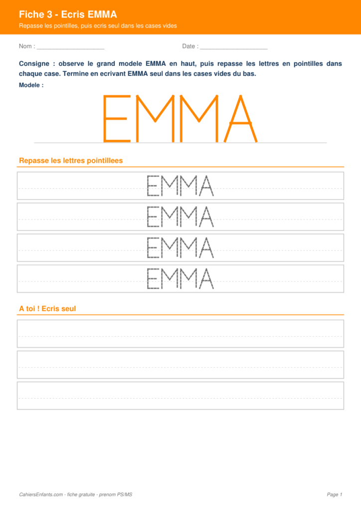 Aperçu fiche 3 - écrire le prénom EMMA en capitales PS MS