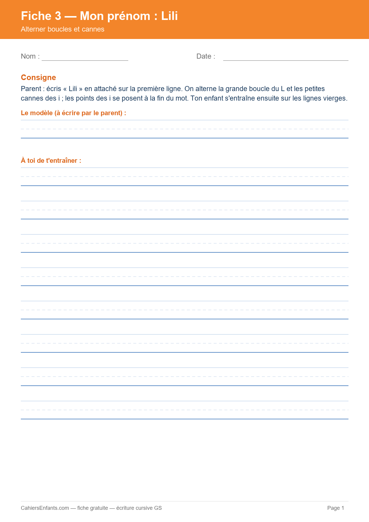Aperçu fiche 3 - prénom Lili en cursive GS