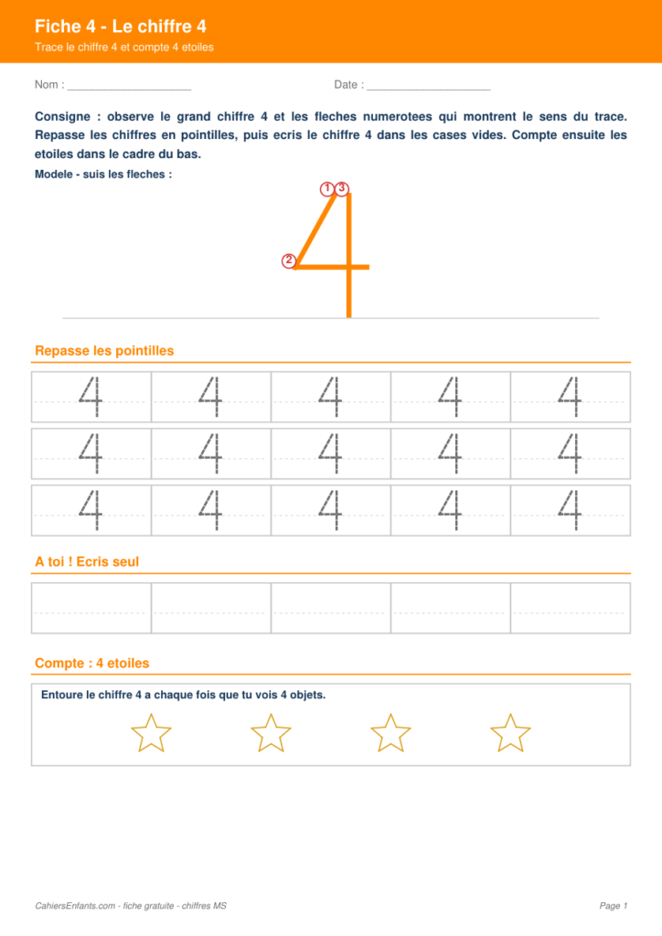 Aperçu fiche 4 - écrire le chiffre 4 moyenne section MS