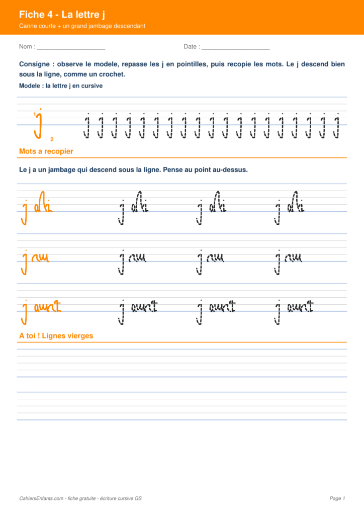 Aperçu fiche 4 - lettre j cursive GS