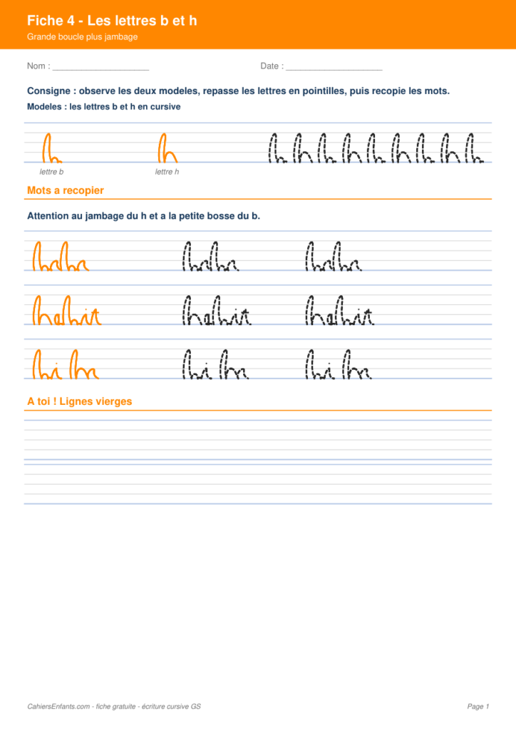 Aperçu fiche 4 - lettres b et h cursive GS