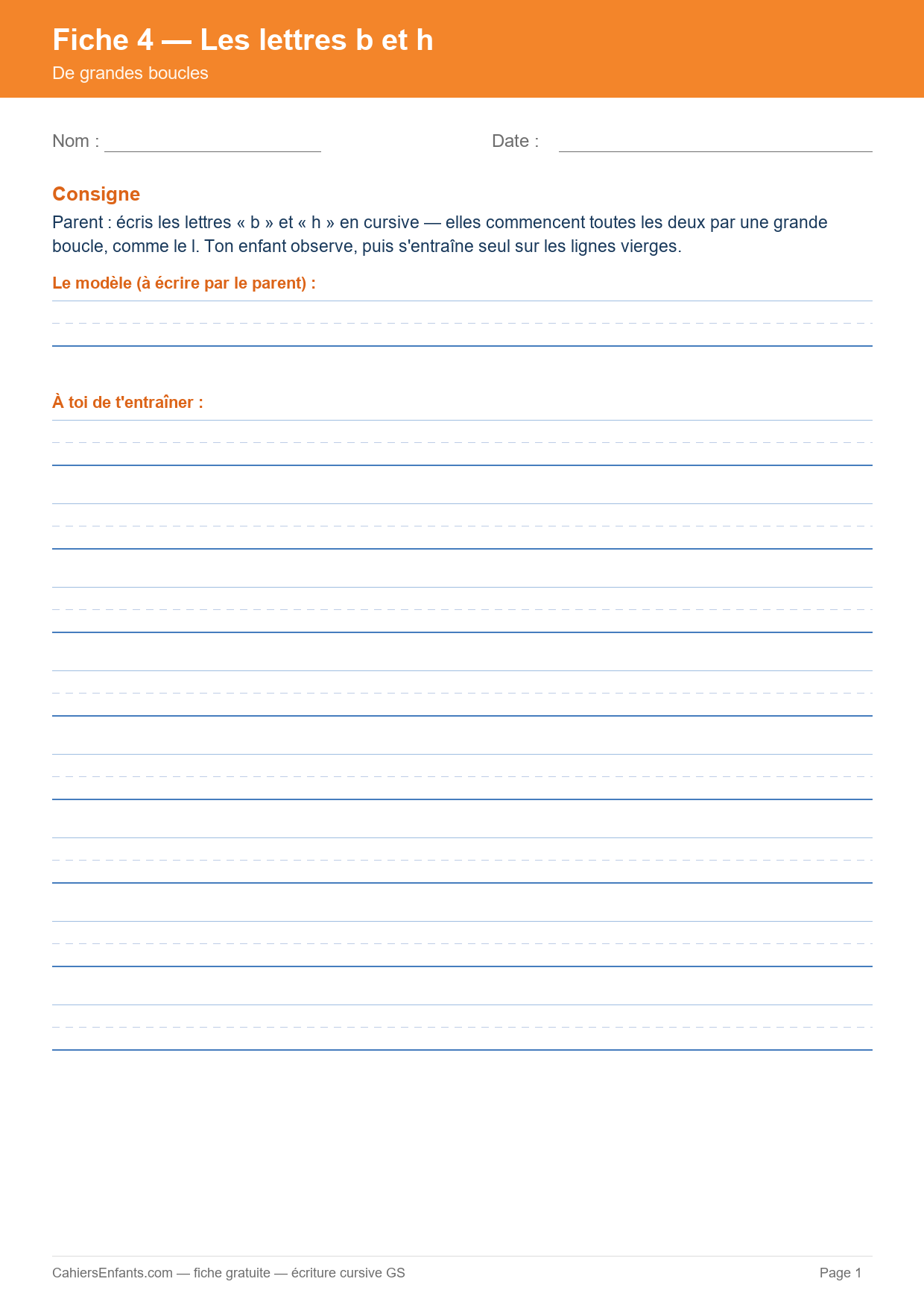 Aperçu fiche 4 - lettres b et h cursive GS