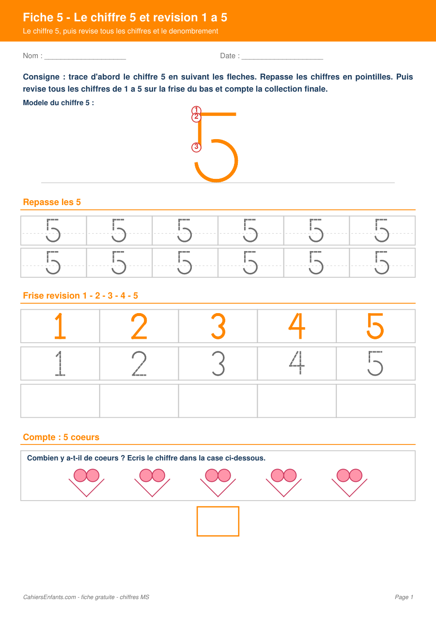 Aperçu fiche 5 - écrire le chiffre 5 et révision 1 à 5 MS