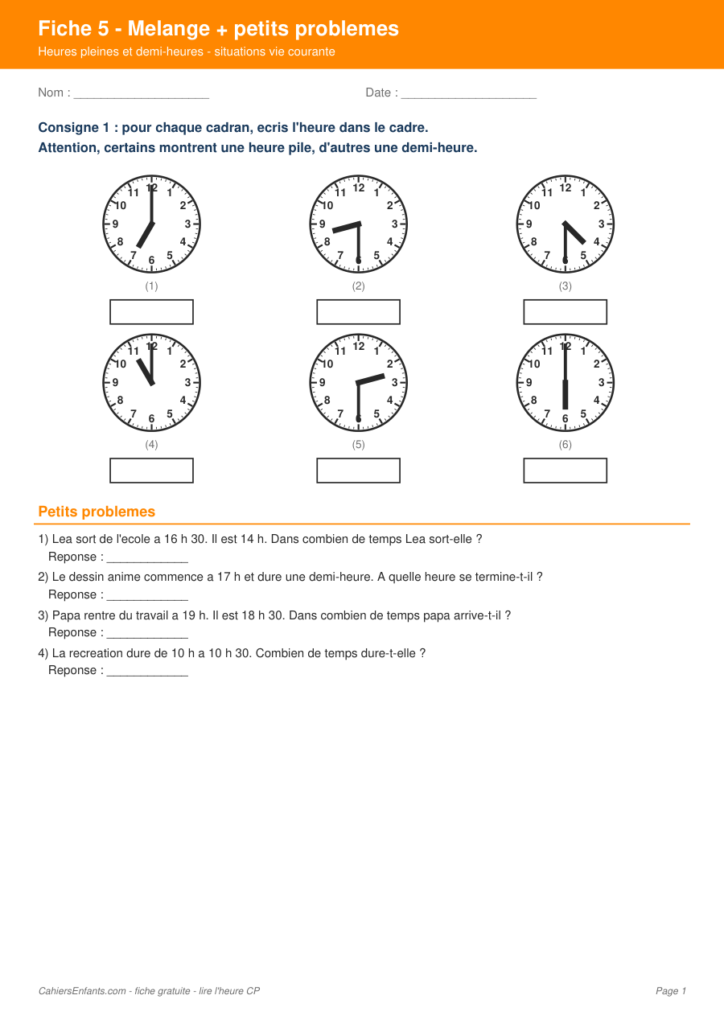 Aperçu fiche 5 - mélange heures et petits problèmes au CP