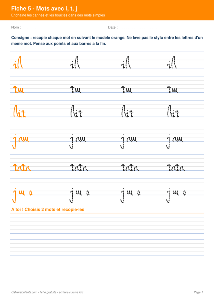 Aperçu fiche 5 - mots avec i t j cursive GS