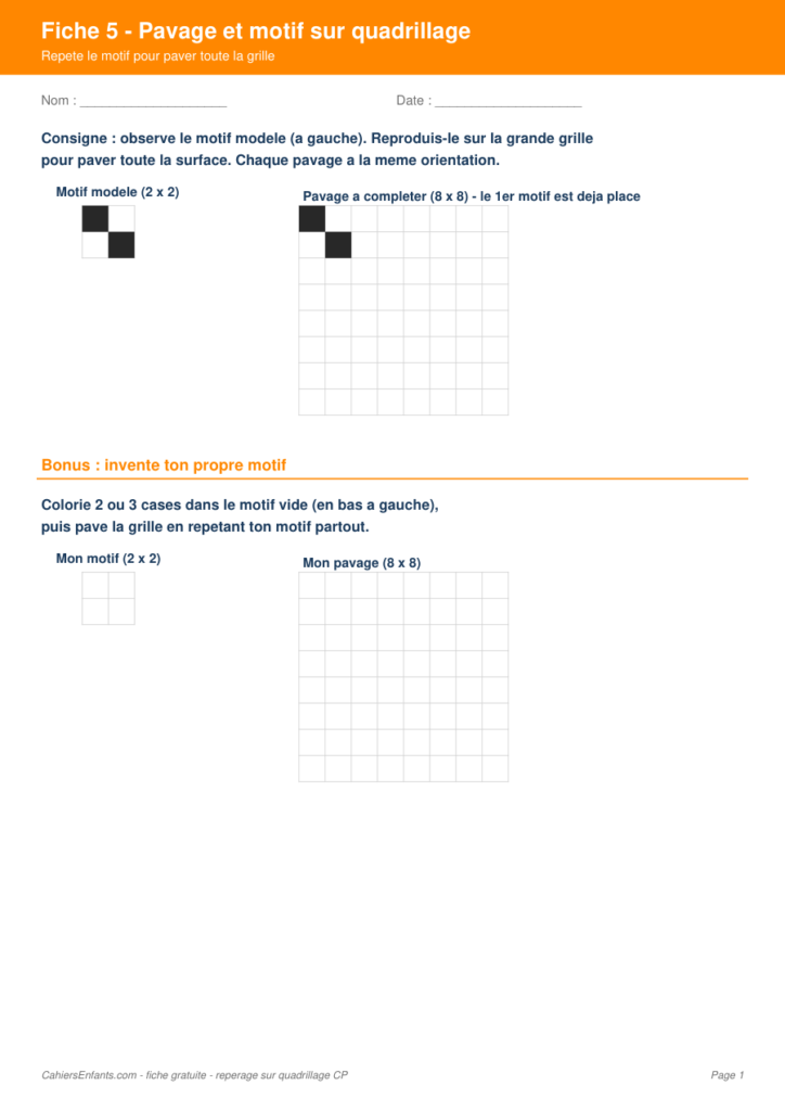Aperçu fiche 5 - pavage et motif sur quadrillage CP