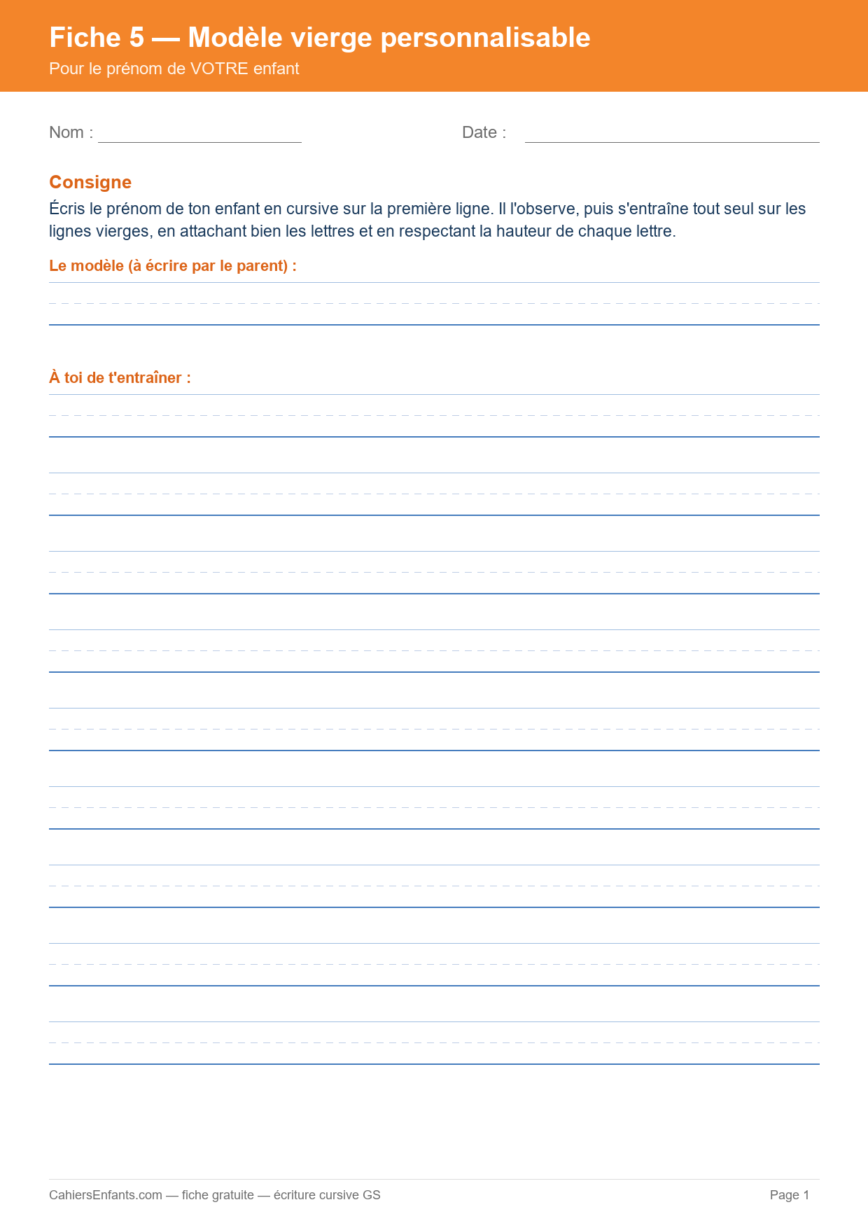 Aperçu fiche 5 - modèle vierge prénom cursive GS