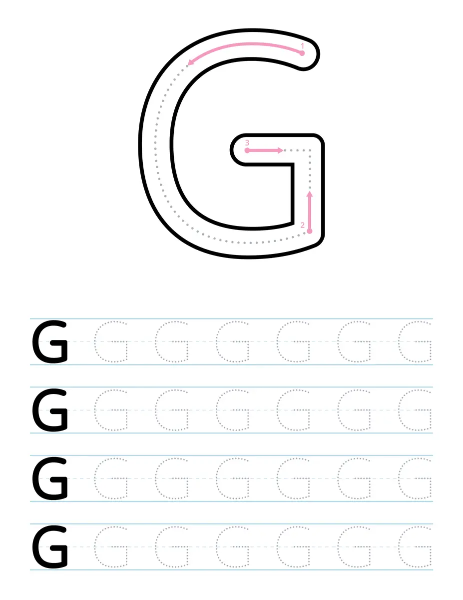 Fiche d'écriture de la lettre capitale G à tracer en maternelle à imprimer
