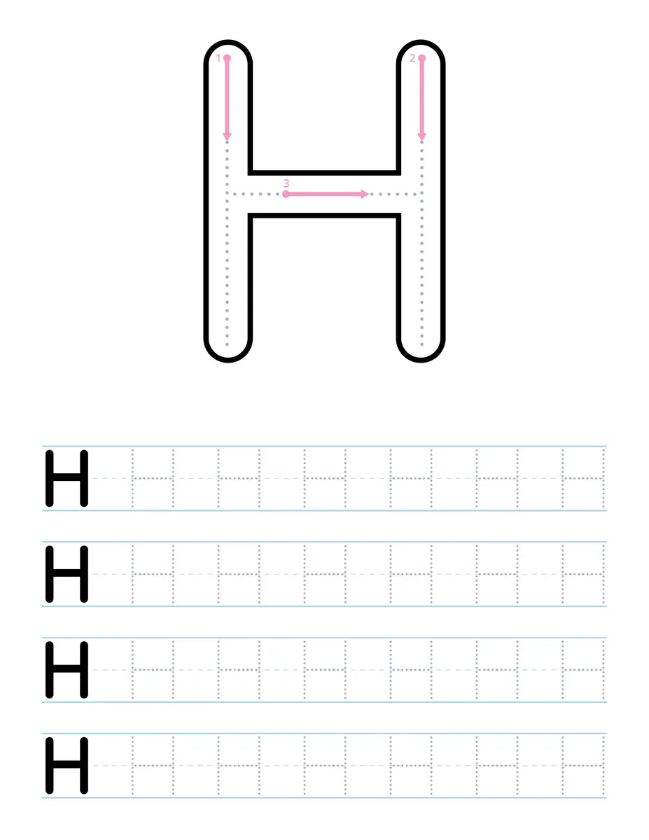 Fiche d'écriture de la lettre capitale H à tracer en maternelle à imprimer