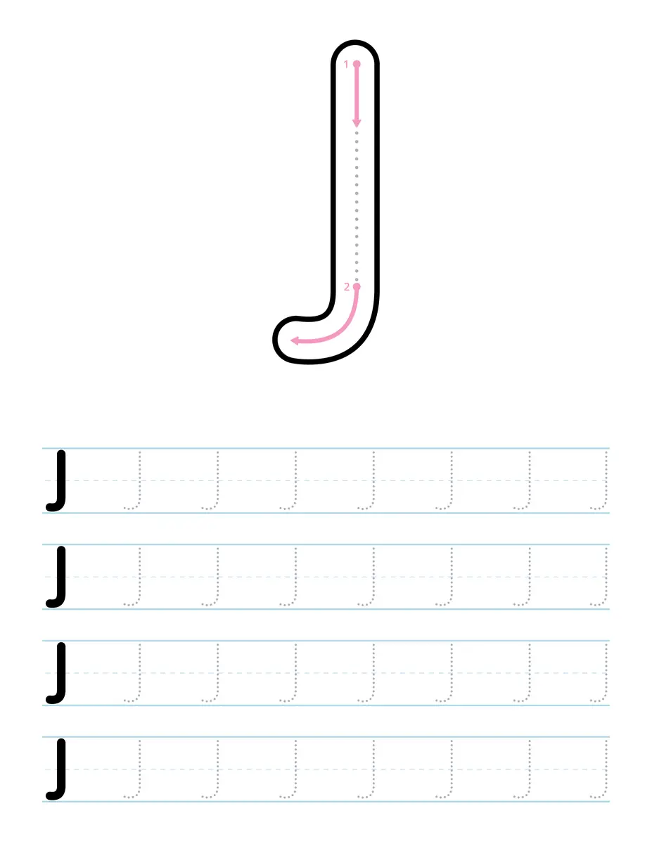Fiche d'écriture de la lettre capitale J à tracer en maternelle à imprimer