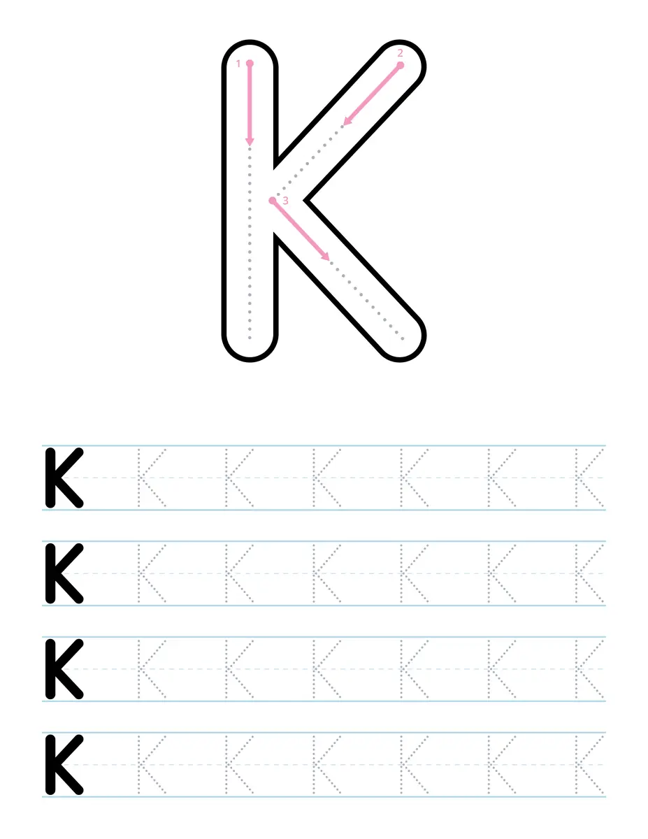 Fiche d'écriture de la lettre capitale K à tracer en maternelle à imprimer