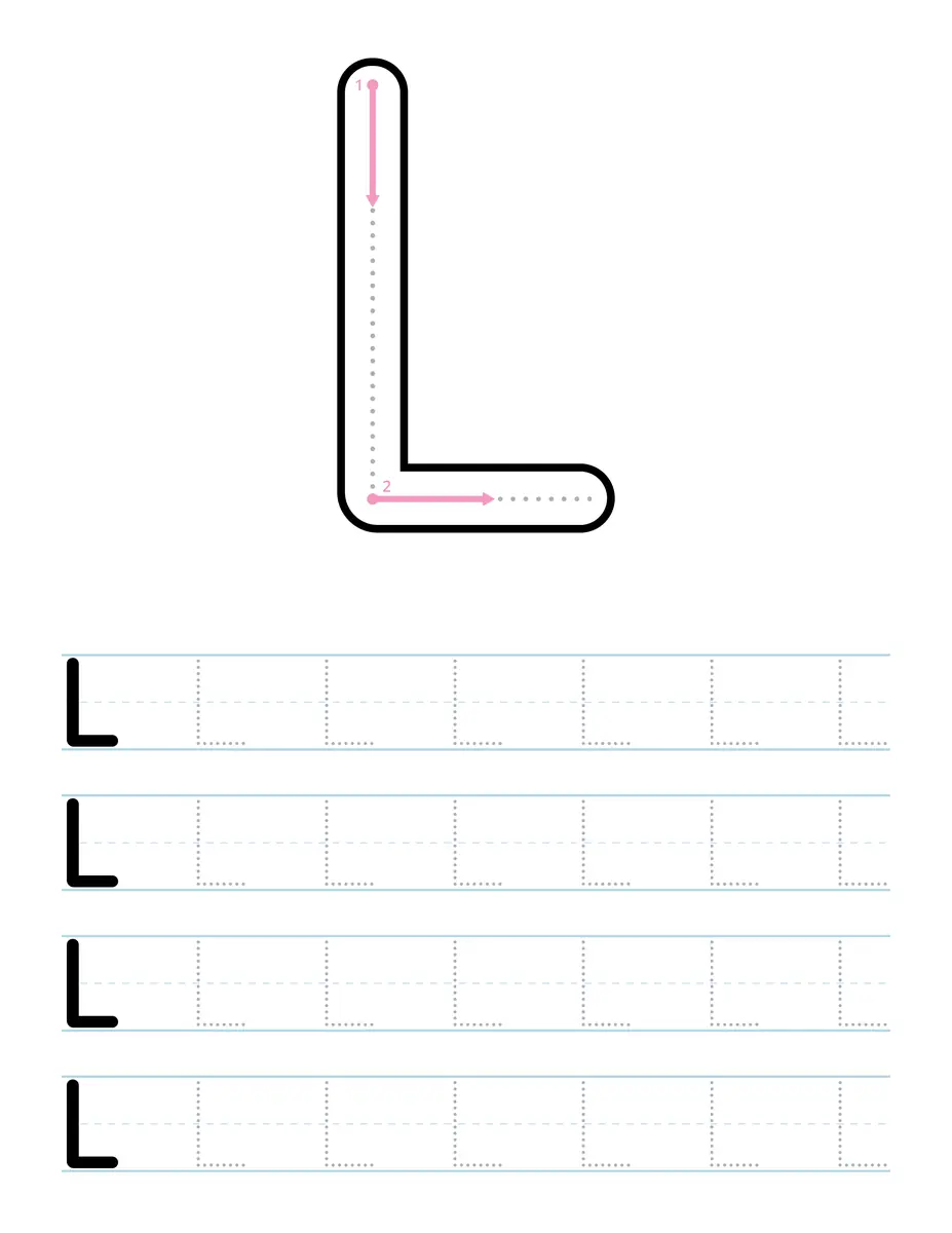 Fiche d'écriture de la lettre capitale L à tracer en maternelle à imprimer