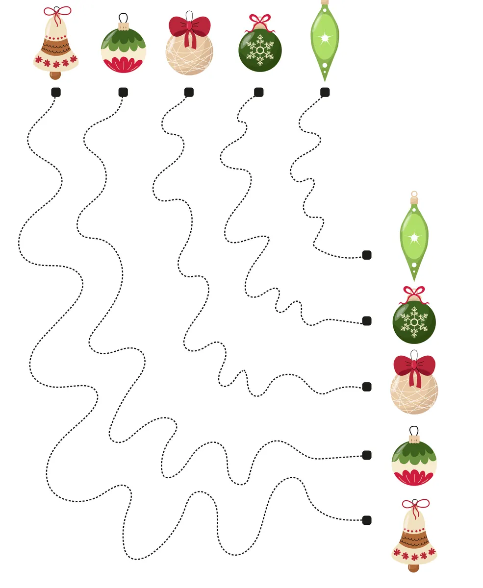 Fiche graphisme Noel tracer les lignes sinueuses jusqu'aux boules de sapin a imprimer maternelle
