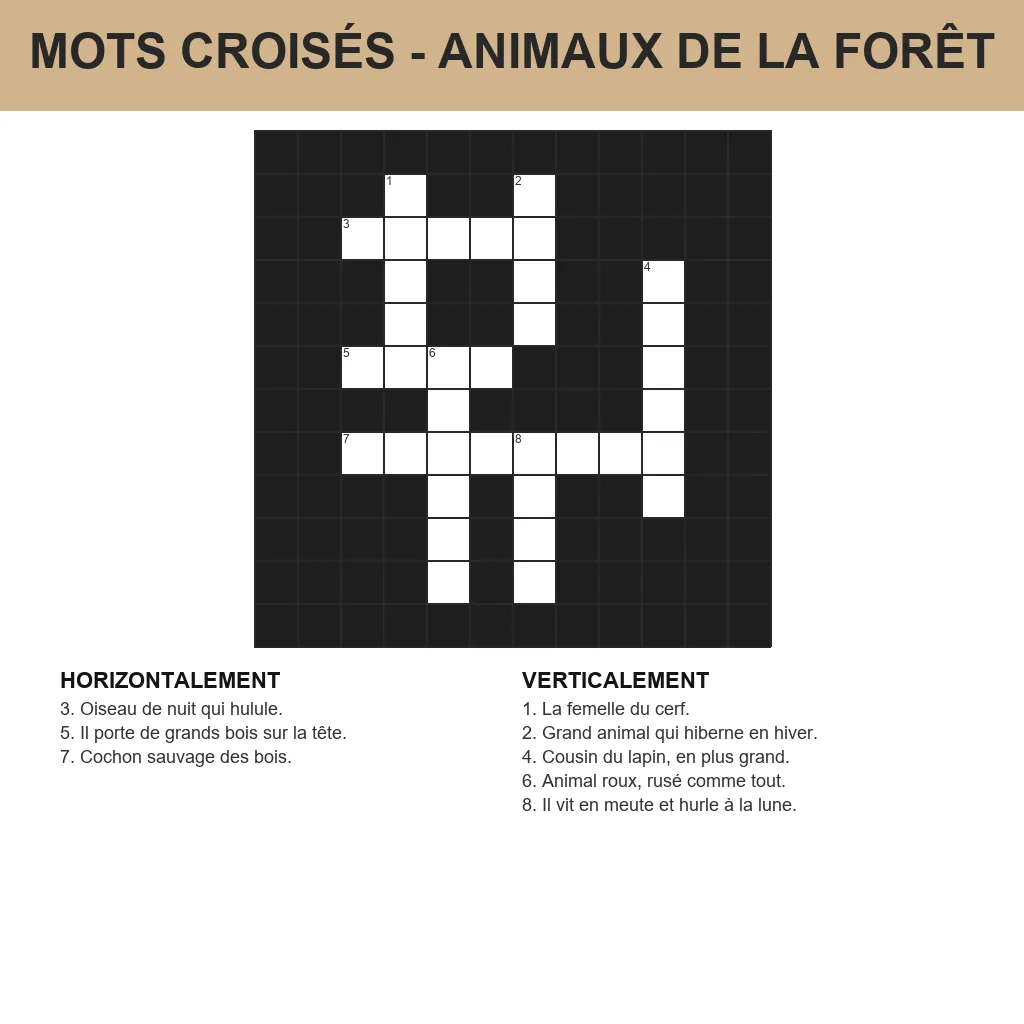 Grille de mots croisés animaux de la forêt à imprimer pour enfant