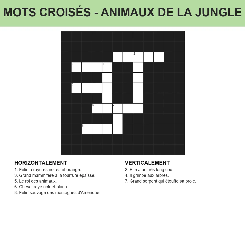 Grille de mots croisés animaux de la jungle à imprimer pour enfant