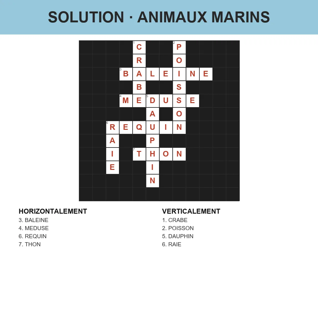Solution des mots croisés animaux marins à imprimer