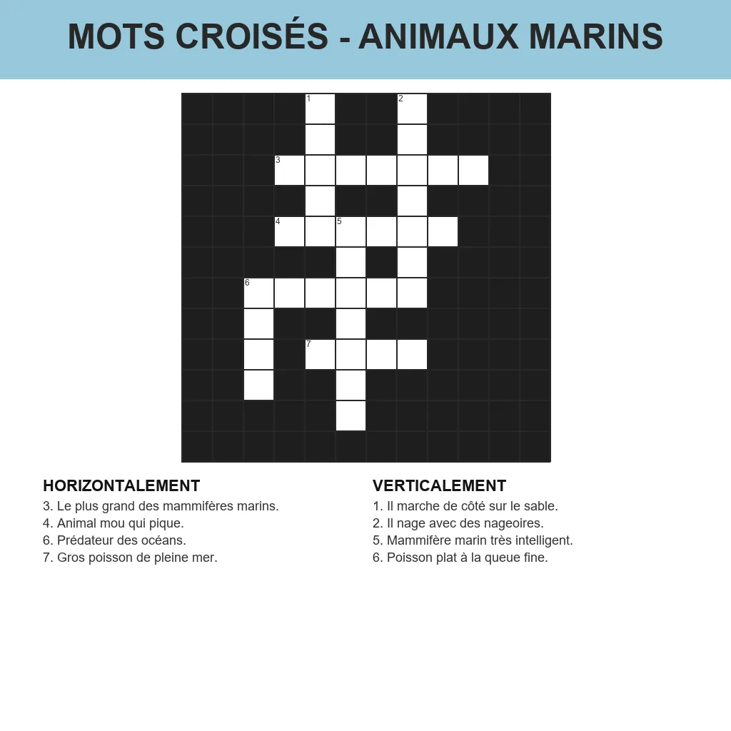 Grille de mots croisés animaux marins à imprimer pour enfant
