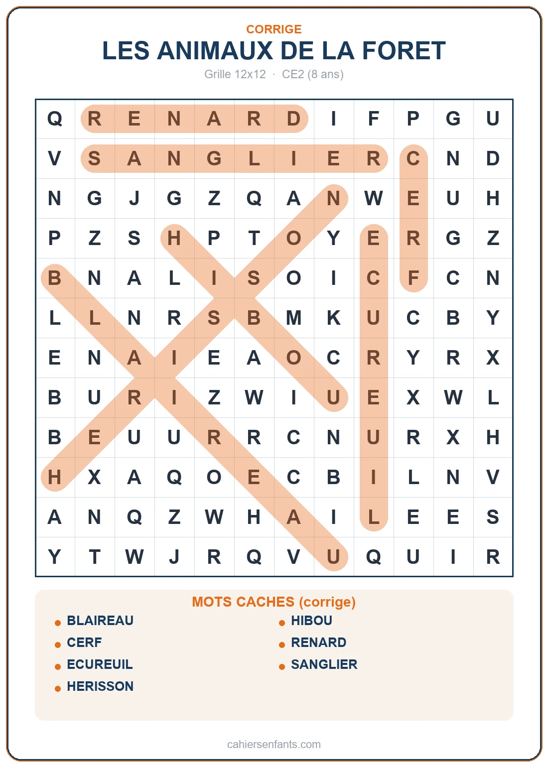 Grille de mots mêlés des animaux de la forêt à imprimer (corrigé)