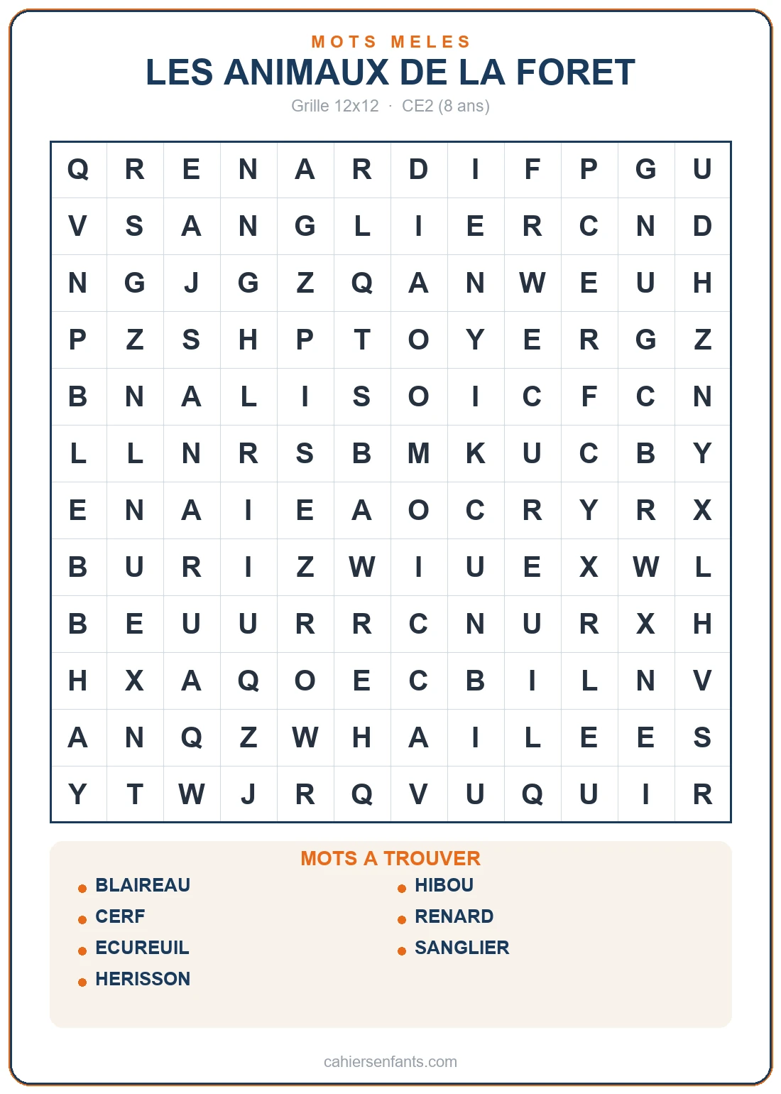 Grille de mots mêlés des animaux de la forêt à imprimer