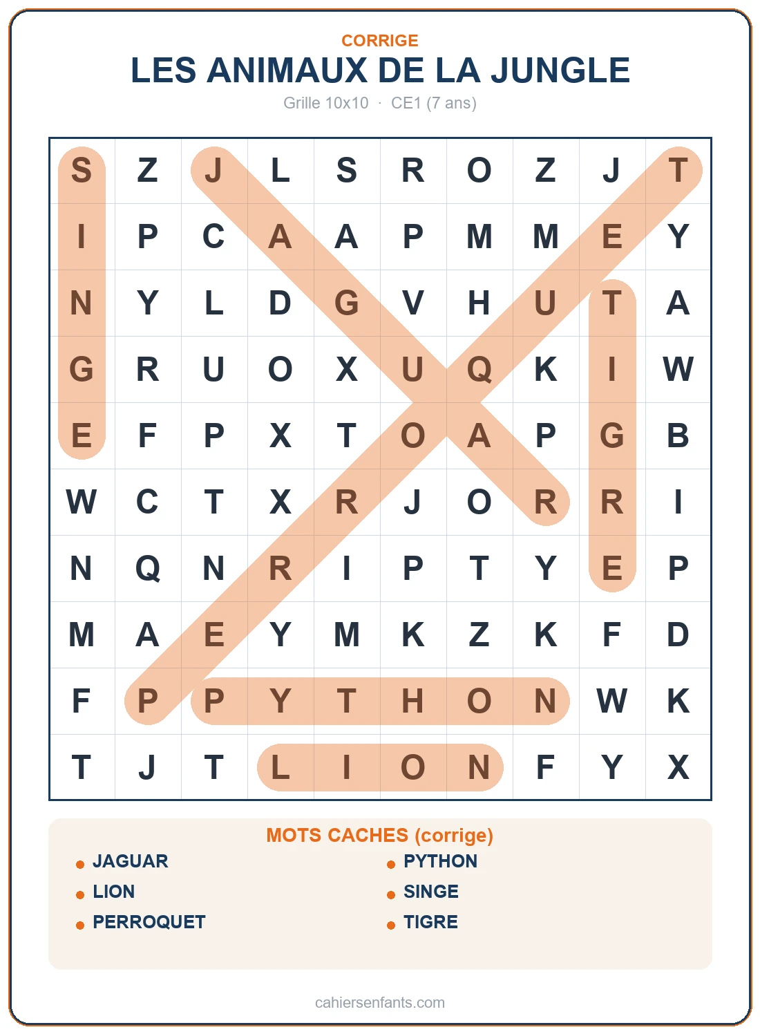 Grille de mots mêlés des animaux de la jungle à imprimer (corrigé)