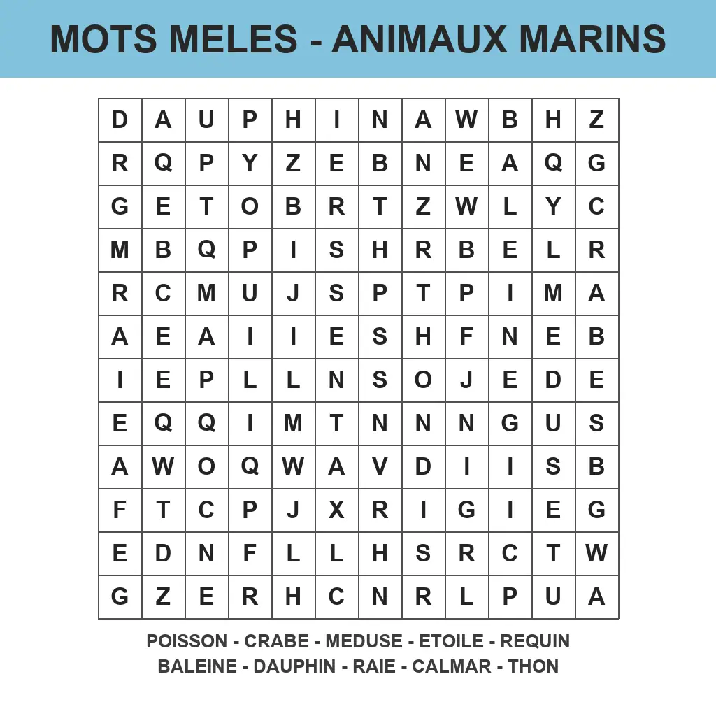 Grille de mots mêlés animaux marins à imprimer pour enfant