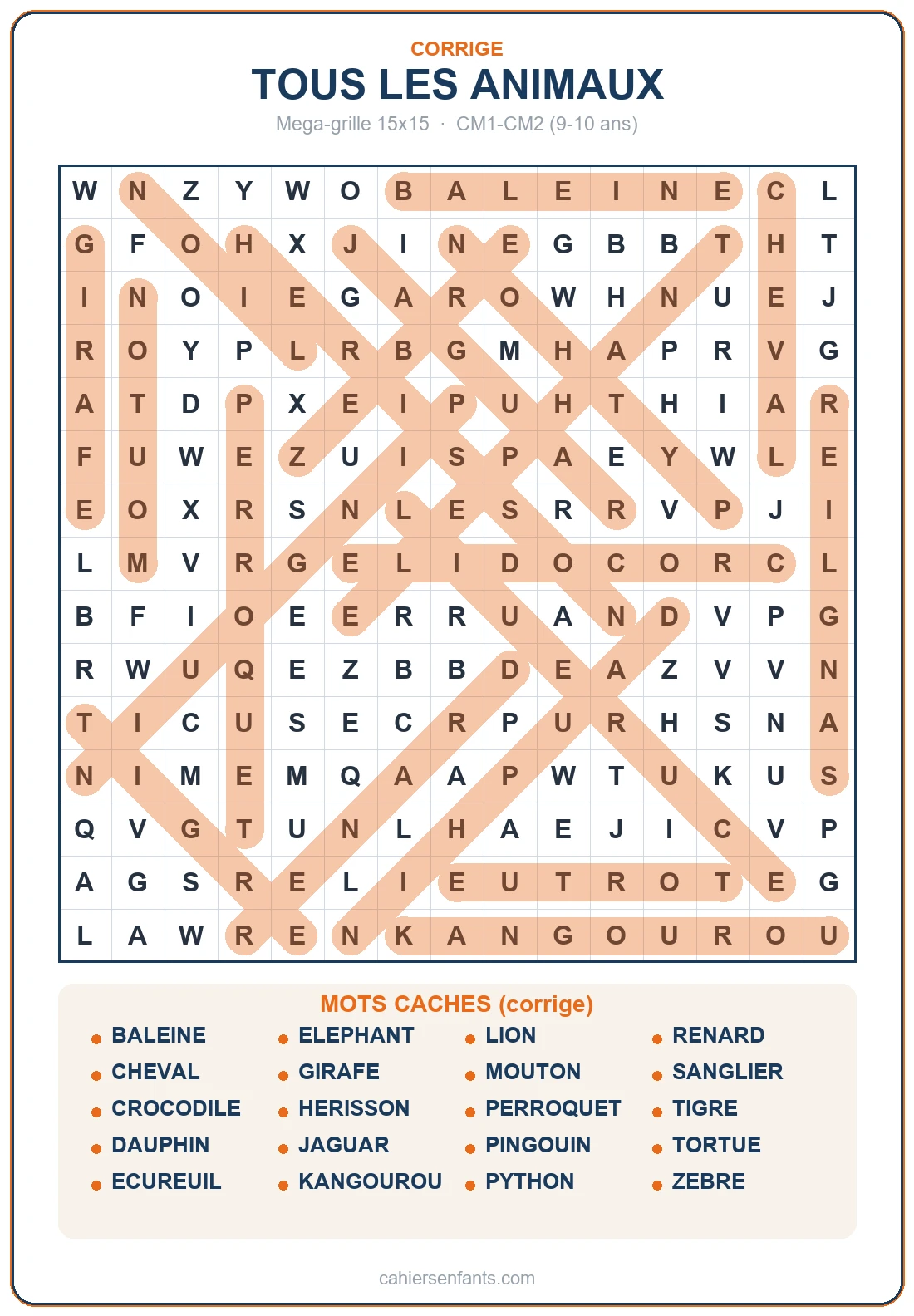 Grande grille de mots mêlés des animaux à imprimer (20 mots) (corrigé)