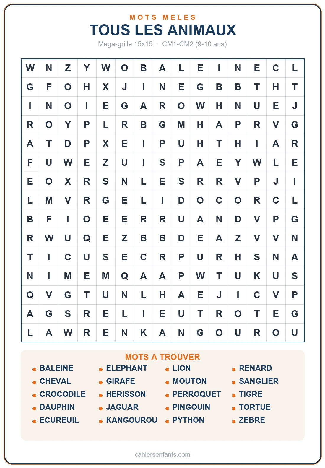Grande grille de mots mêlés des animaux à imprimer (20 mots)