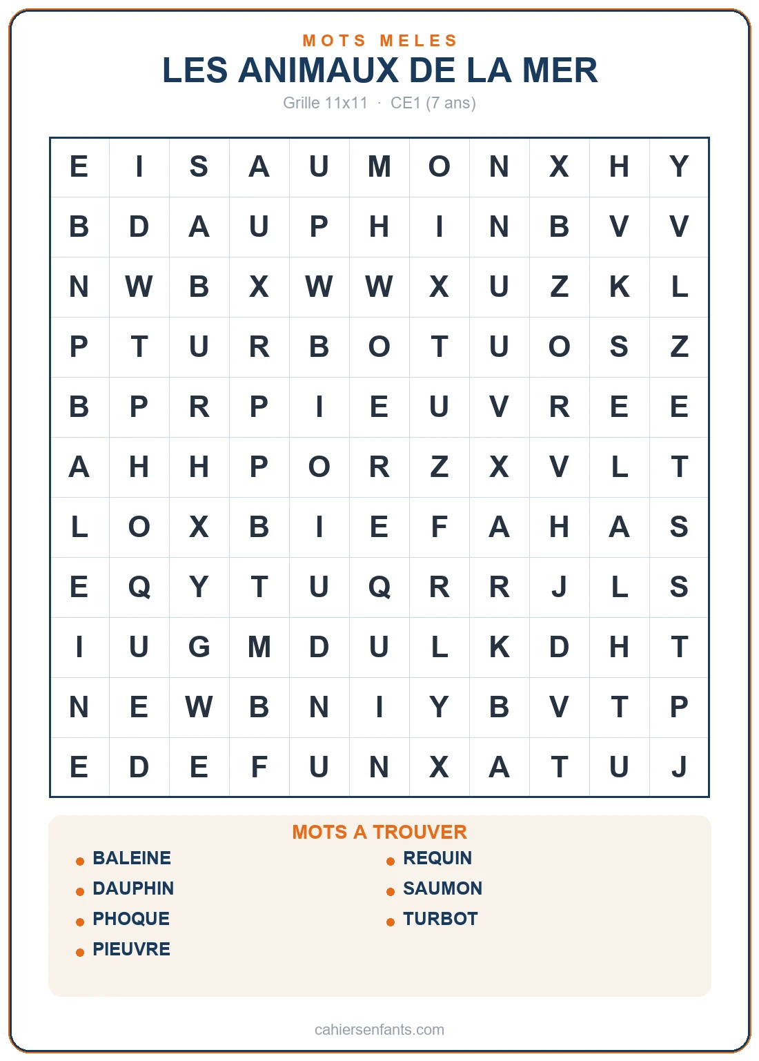 Grille de mots mêlés des animaux de la mer à imprimer
