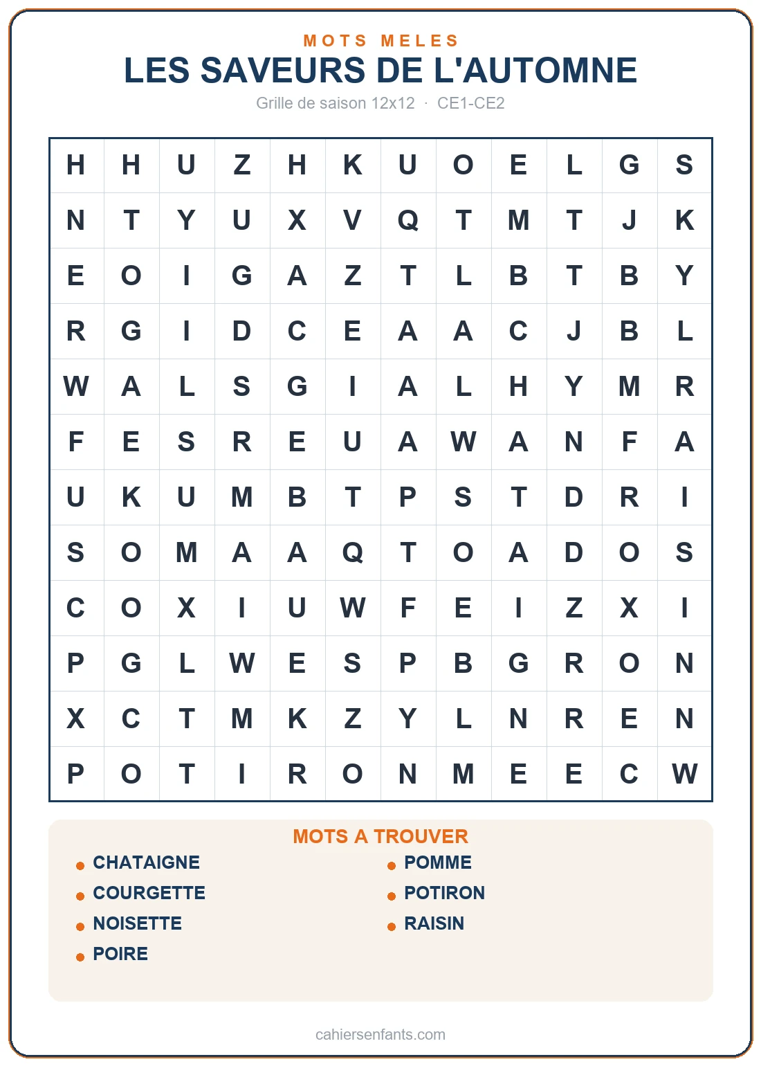 Grille de mots mêlés des fruits et légumes d'automne à imprimer