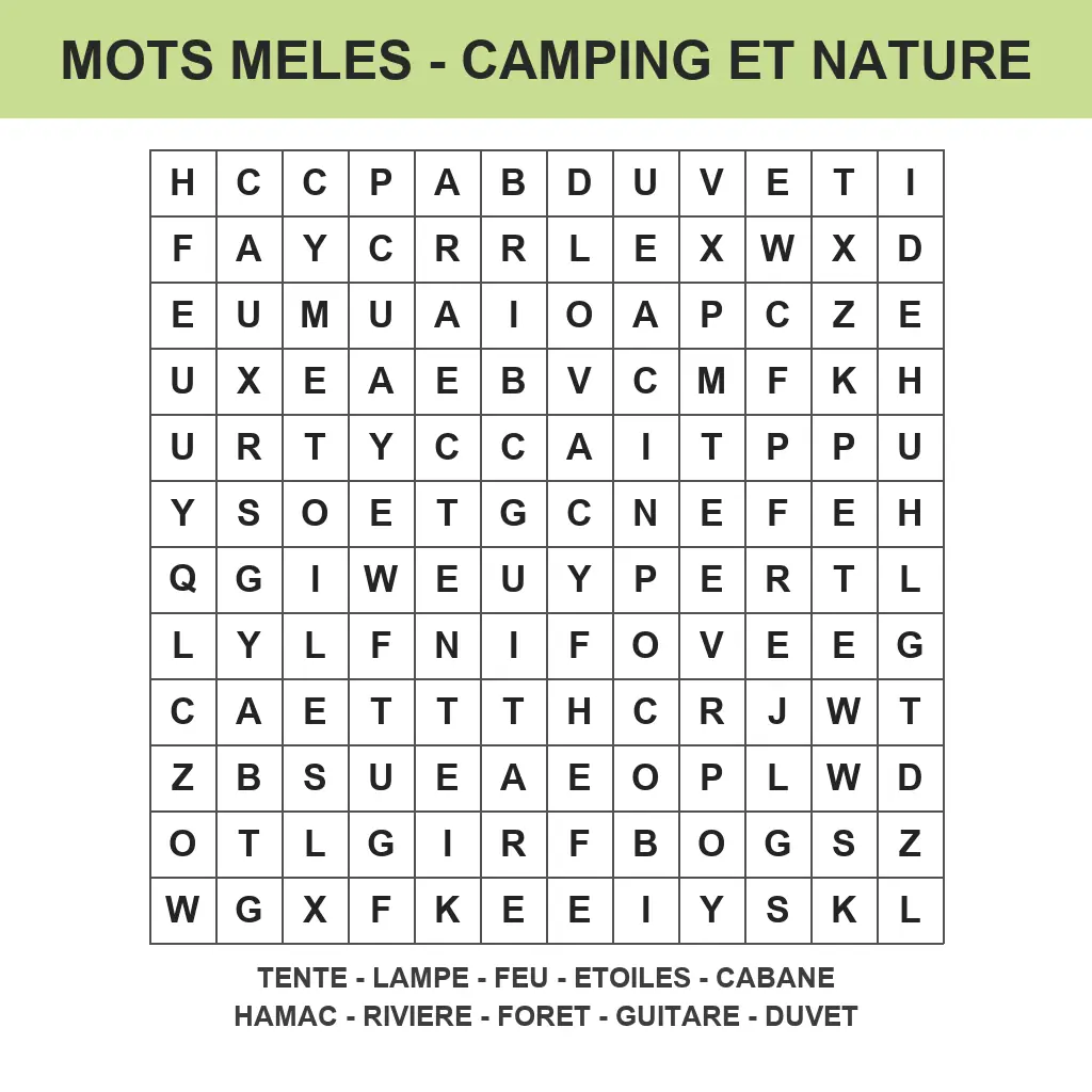 Grille de mots mêlés camping et nature à imprimer pour enfant