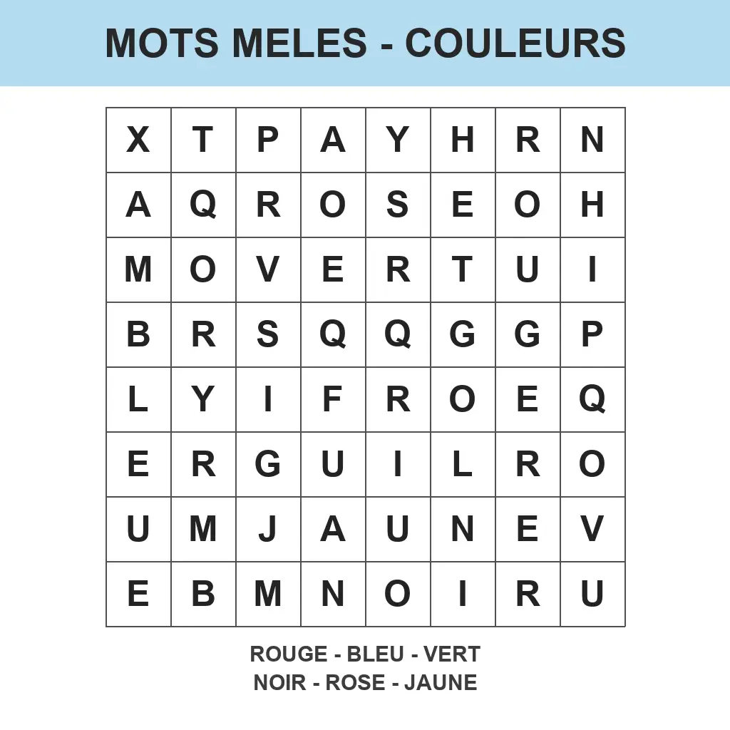 Grille de mots mêlés faciles couleurs pour la maternelle à imprimer