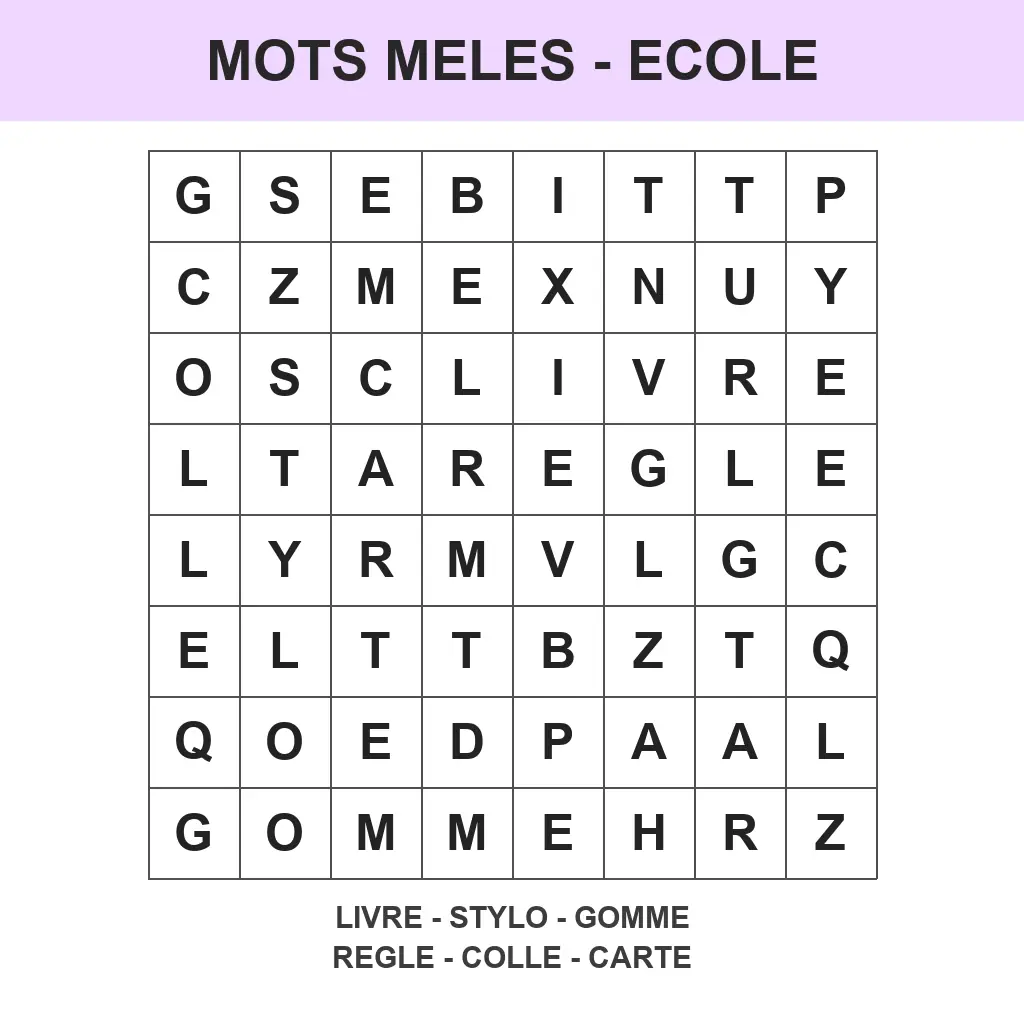 Grille de mots mêlés faciles école pour la maternelle à imprimer