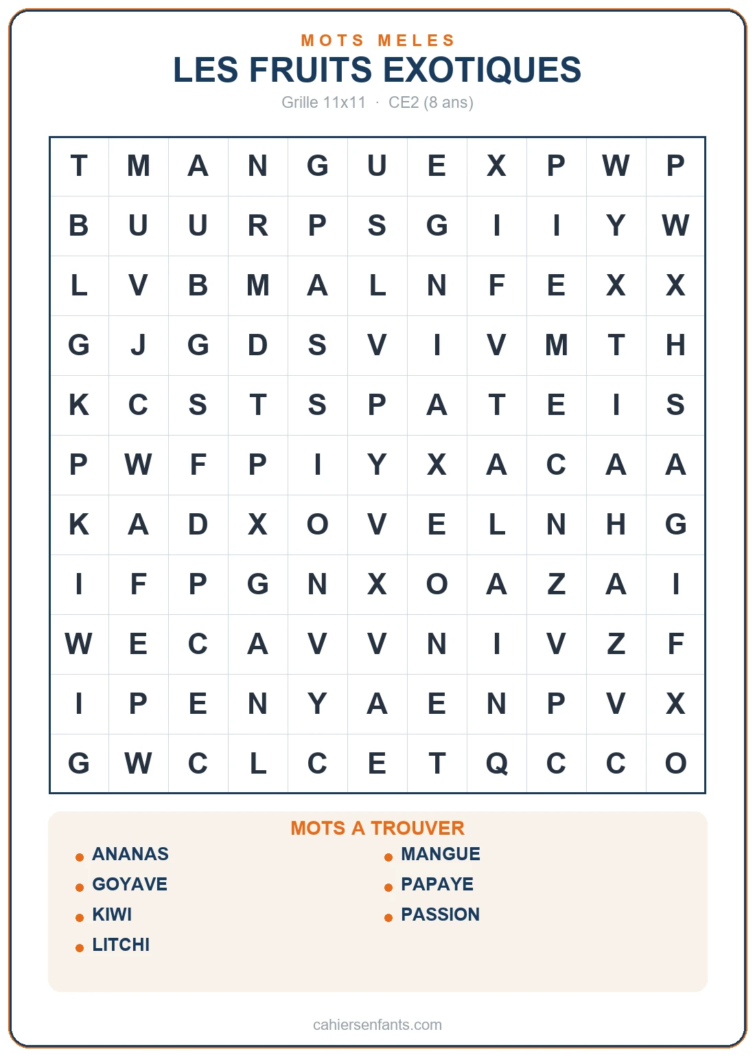 Grille de mots mêlés des fruits exotiques à imprimer