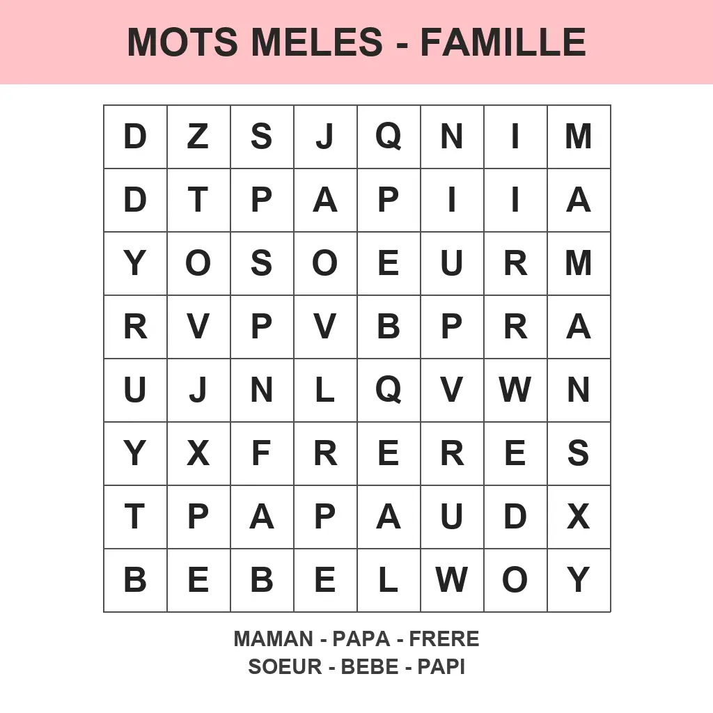Grille de mots mêlés vacances en famille à imprimer pour enfant