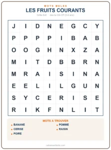 Grille de mots mêlés des fruits courants à imprimer (pomme, poire, banane)