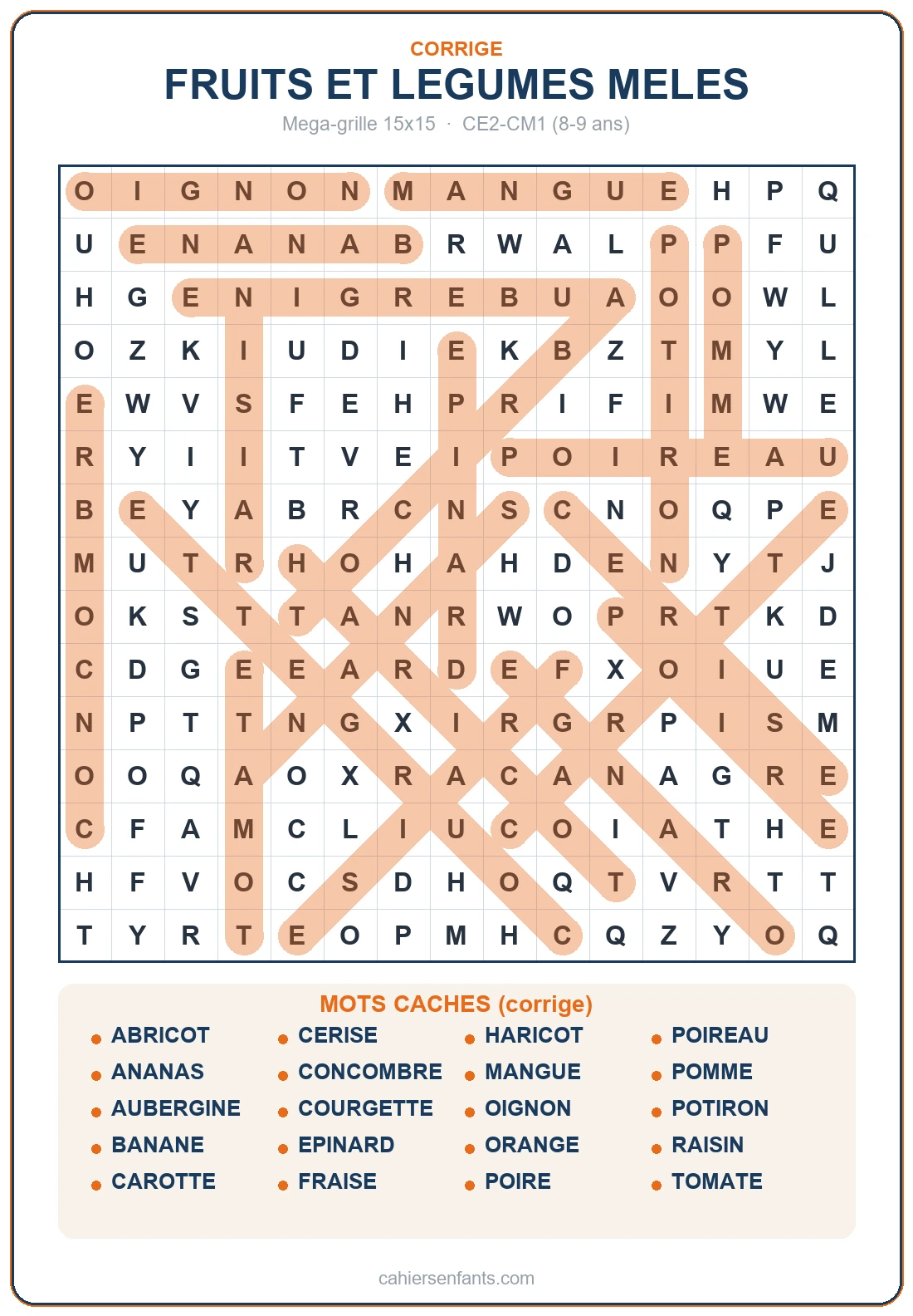Grande grille de mots mêlés fruits et légumes à imprimer (20 mots) (corrigé)