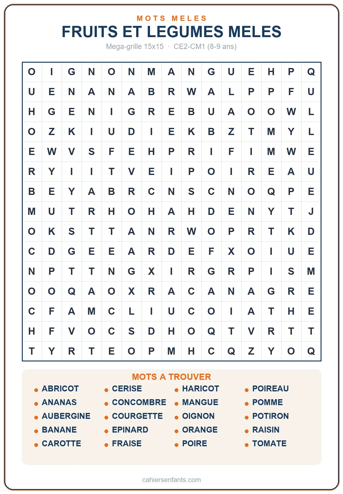 Grande grille de mots mêlés fruits et légumes à imprimer (20 mots)