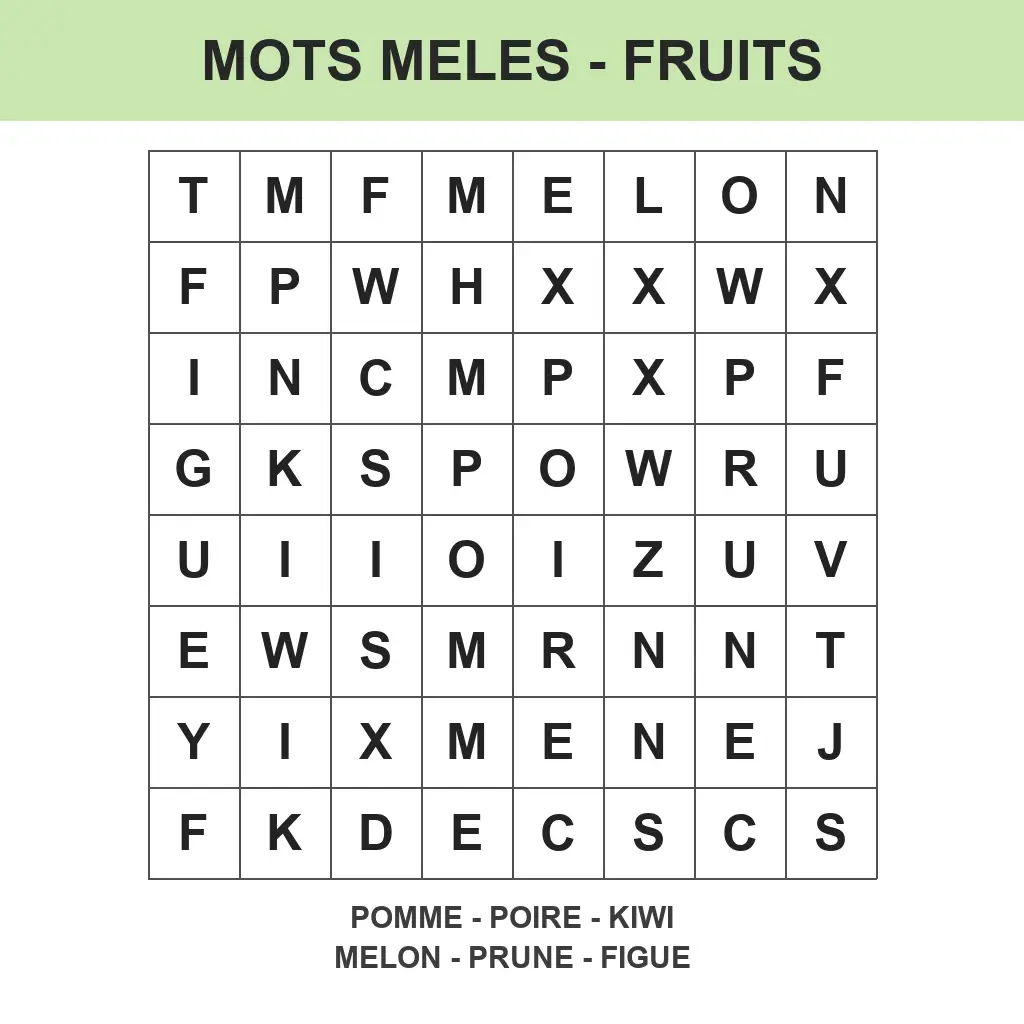 Grille de mots mêlés faciles fruits pour la maternelle à imprimer