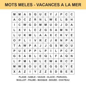 Grille de mots mêlés vacances à la mer à imprimer pour enfant