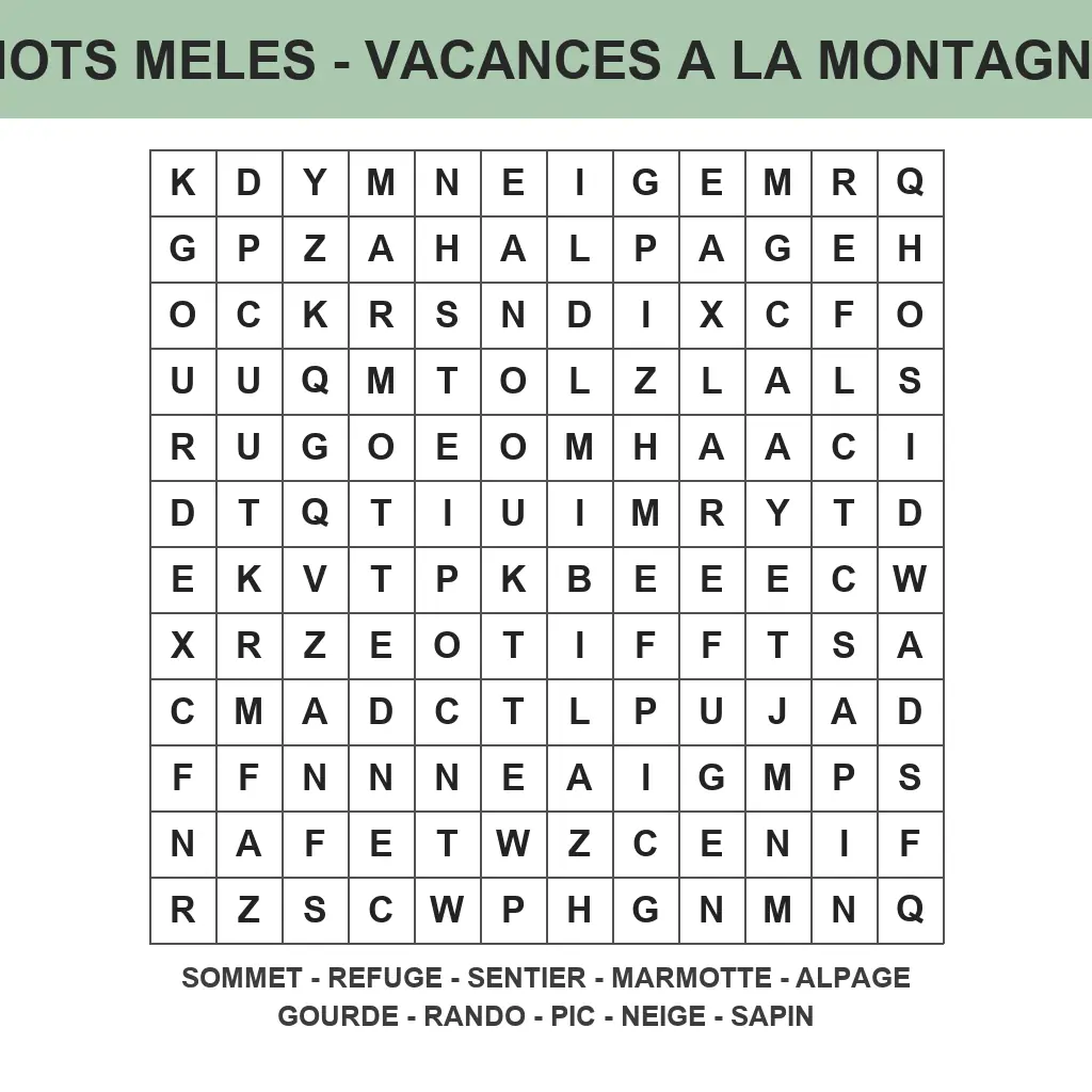 Grille de mots mêlés vacances à la montagne à imprimer pour enfant