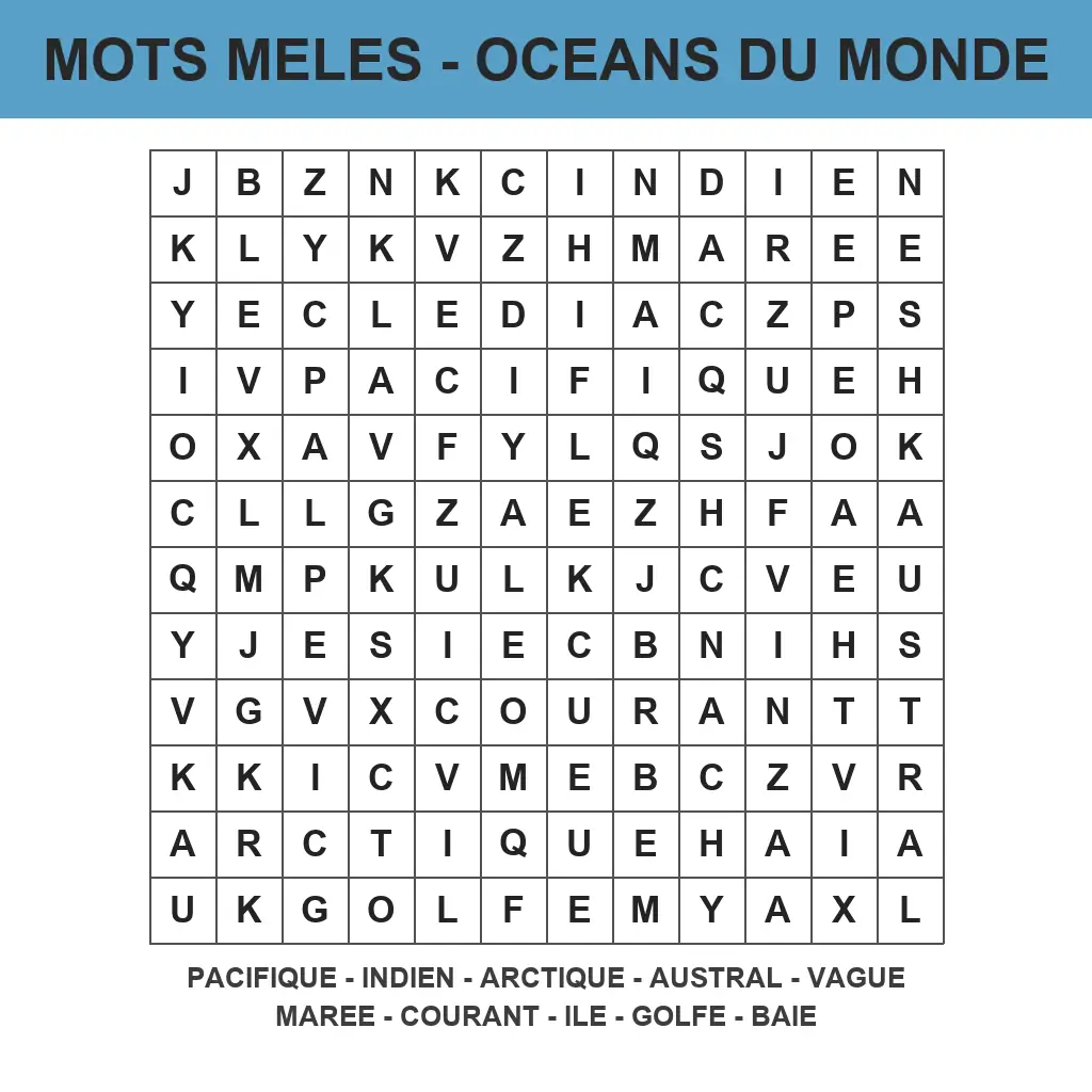 Grille de mots mêlés océans du monde à imprimer